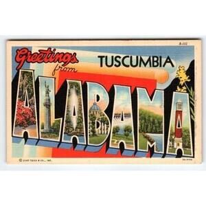 Vintage Linen 'Greetings from Tuscumbia Alabama' Curt Teich Postcard